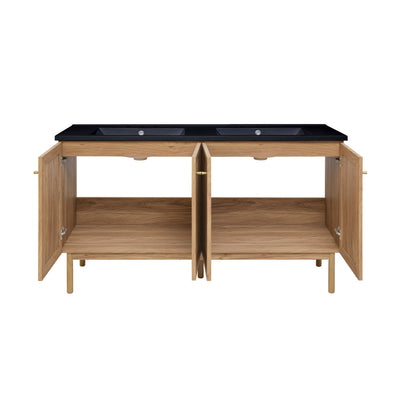 Classe 60" Freestanding Bathroom Vanity in Golden Oak with Black 3-Hole Widespread Double Basin Sink Top