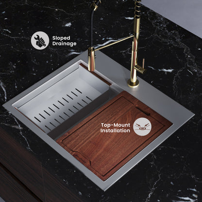 Ravi Single Basin 25 x 22 Topmount Kitchen Workstation Sink