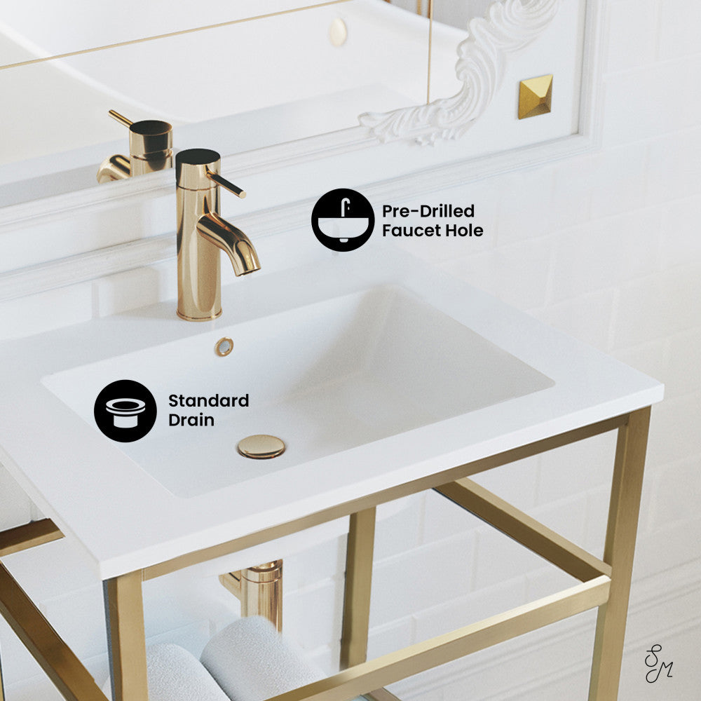 Pierre 24 Single, Open Shelf, Gold Metal Frame Bathroom Vanity