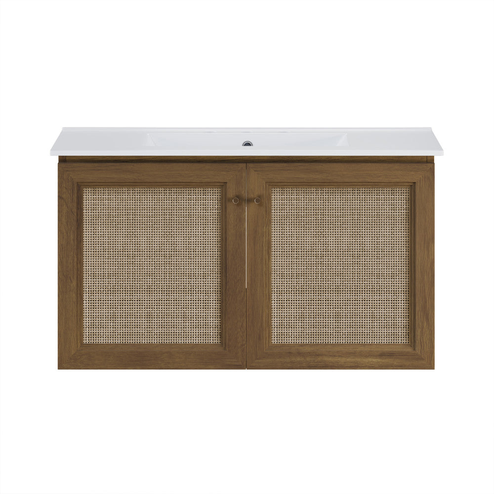 Classe 36" Wall-Mounted Bathroom Vanity in Brown Oak with Widespread Faucet Holes Vanity Top