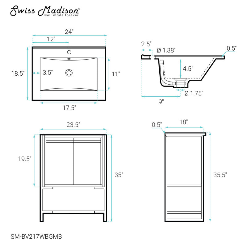 Marseille 24 in. White Bathroom Vanity With Black Ceramic Sink Top