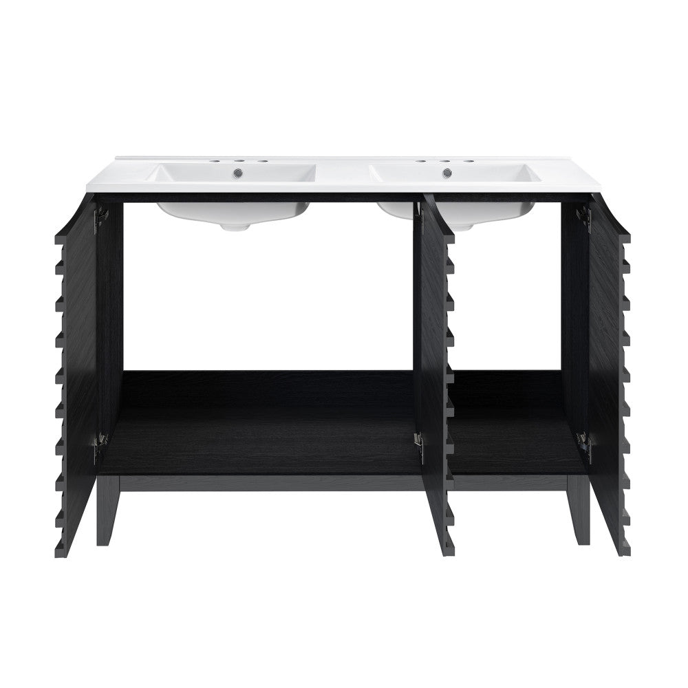 Cascade 48 in. Black Oak, Double Basin Bathroom Vanity With White, 3-Hole Centerset Ceramic Sink Top