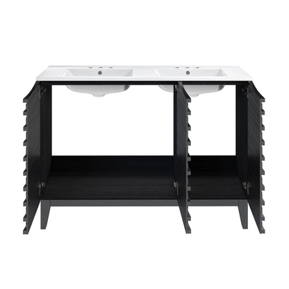 Cascade 48 in. Black Oak, Double Basin Bathroom Vanity With White, 3-Hole Centerset Ceramic Sink Top