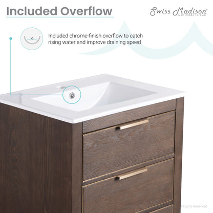 24-inch freestanding brown oak bathroom vanity with single sink and chrome faucet overflow.