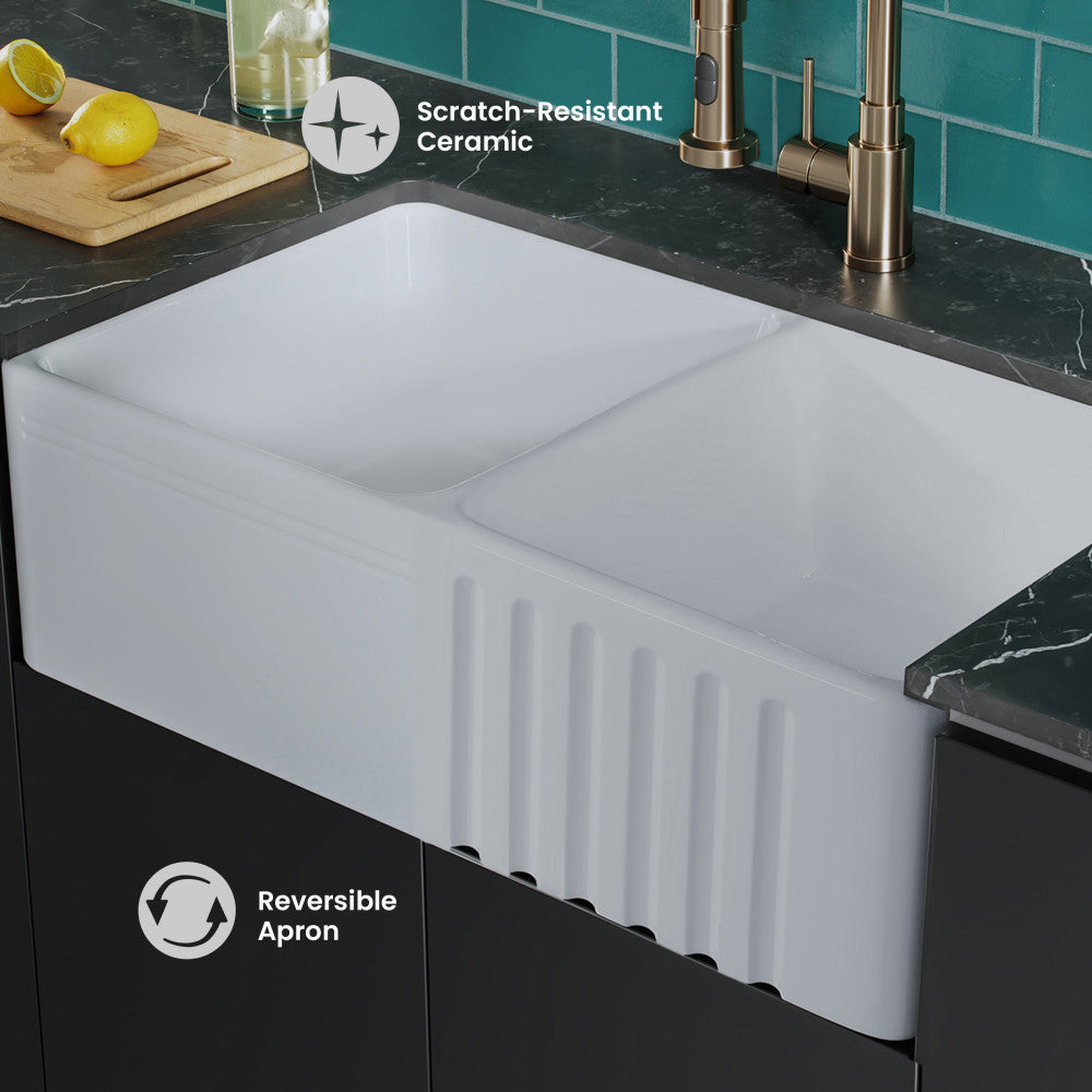 Delice 34" Double Basin Ceramic Farmhouse Kitchen Sink in Glossy White