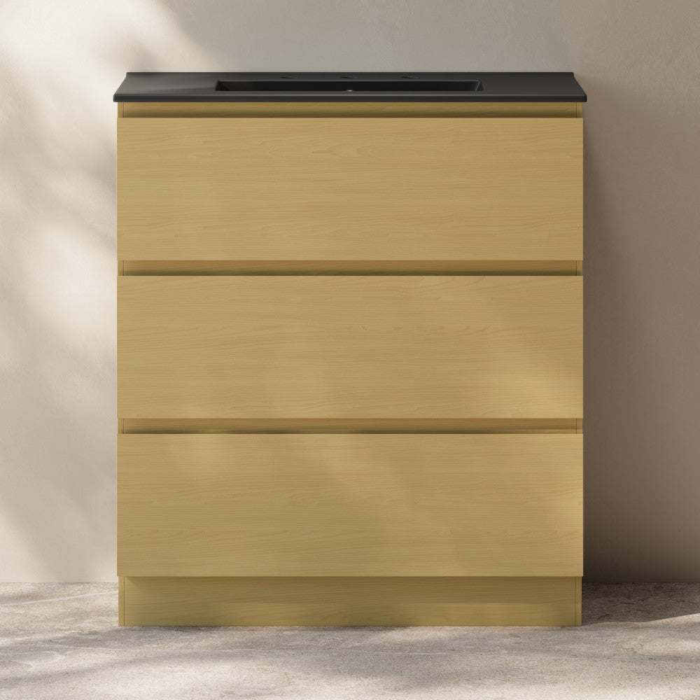 Liberte 30" Freestanding Bathroom Vanity in Natural Oak with Black 3-Hole Widespread Sink Top