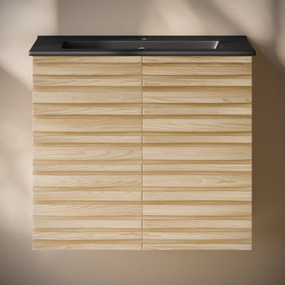 Cascade 24" Wall-Mounted Bathroom Vanity in Natural Oak with Black Sink Top