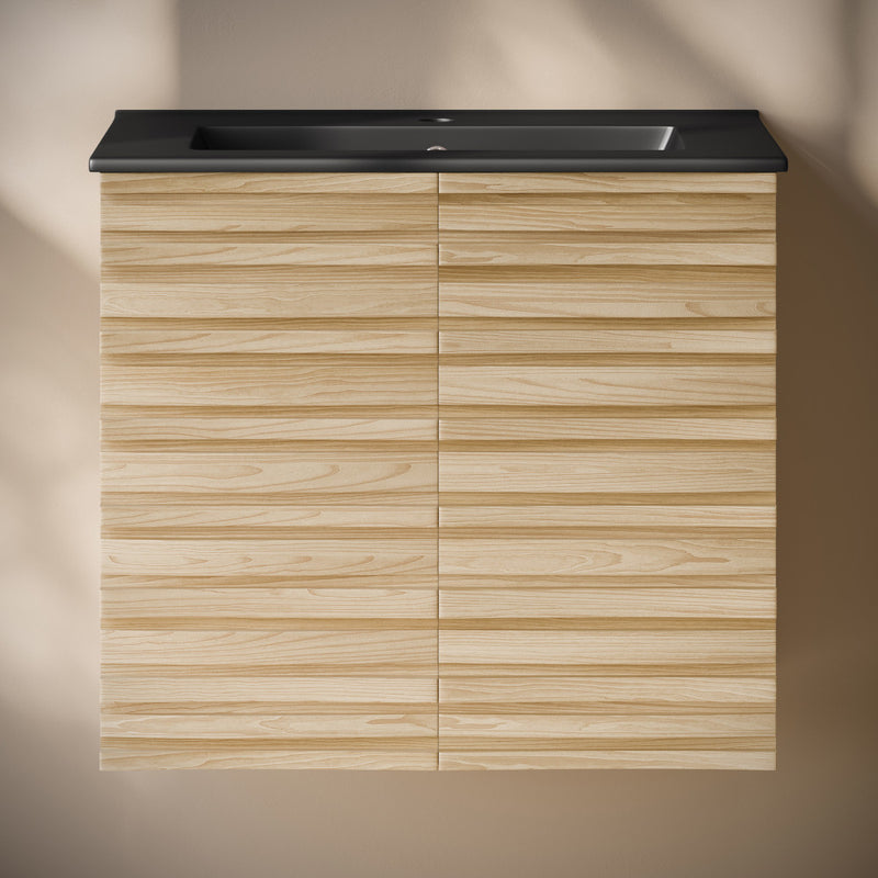 Cascade 24" Wall-Mounted Bathroom Vanity in Natural Oak with Black Sink Top