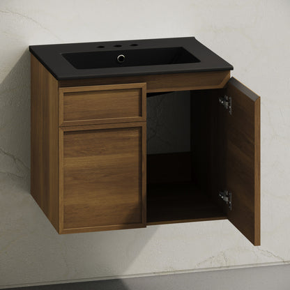 St. Tropez 24" Wall-Mounted Bathroom Vanity in Brown Oak with Black 3-Hole Widespread Sink Top