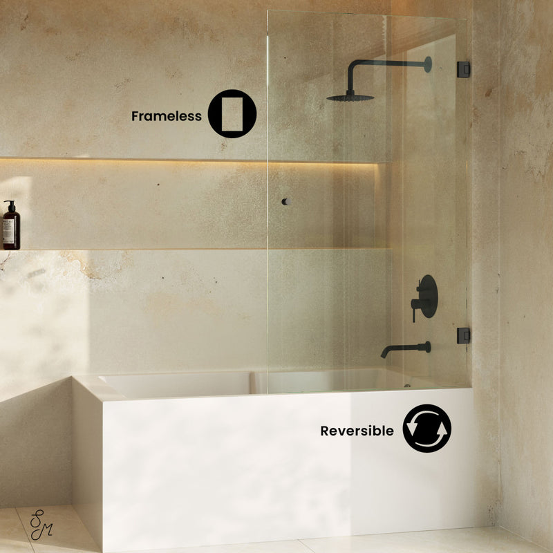 Voltaire 24 x 58 Frameless Pivot 3/8 in. (10mm) Ultra Clear Tempered Glass Tub Door with Black Matte Hardware