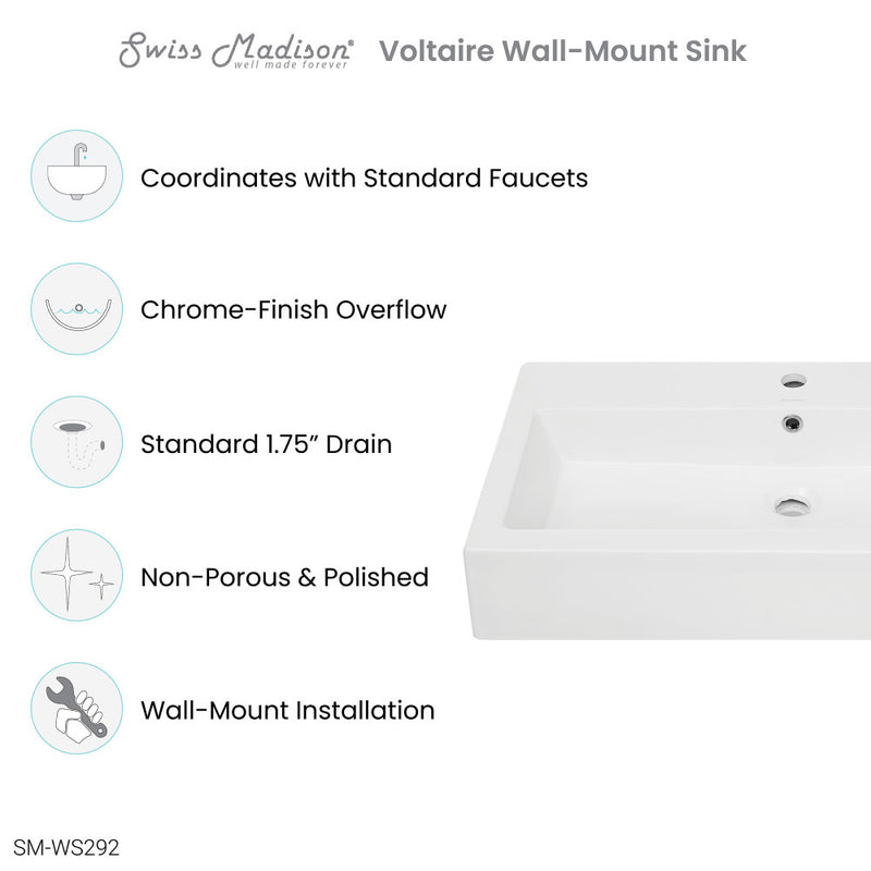 Voltaire Wide Rectangle Wall-Mount Sink in Shiny White