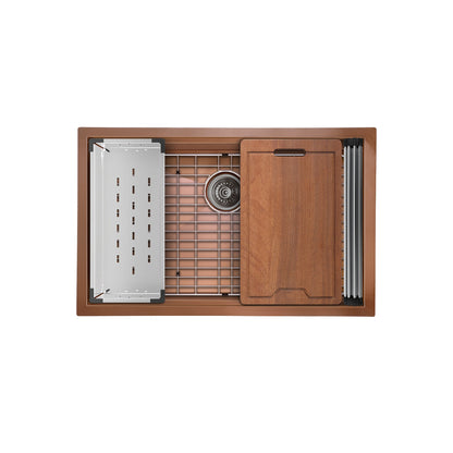 Rose gold stainless steel undermount kitchen sink with single basin and integrated workstation accessories.