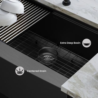 Tourner 33 x 22 Stainless Steel, Single Basin, Farmhouse Kitchen Workstation Sink with Apron in Black