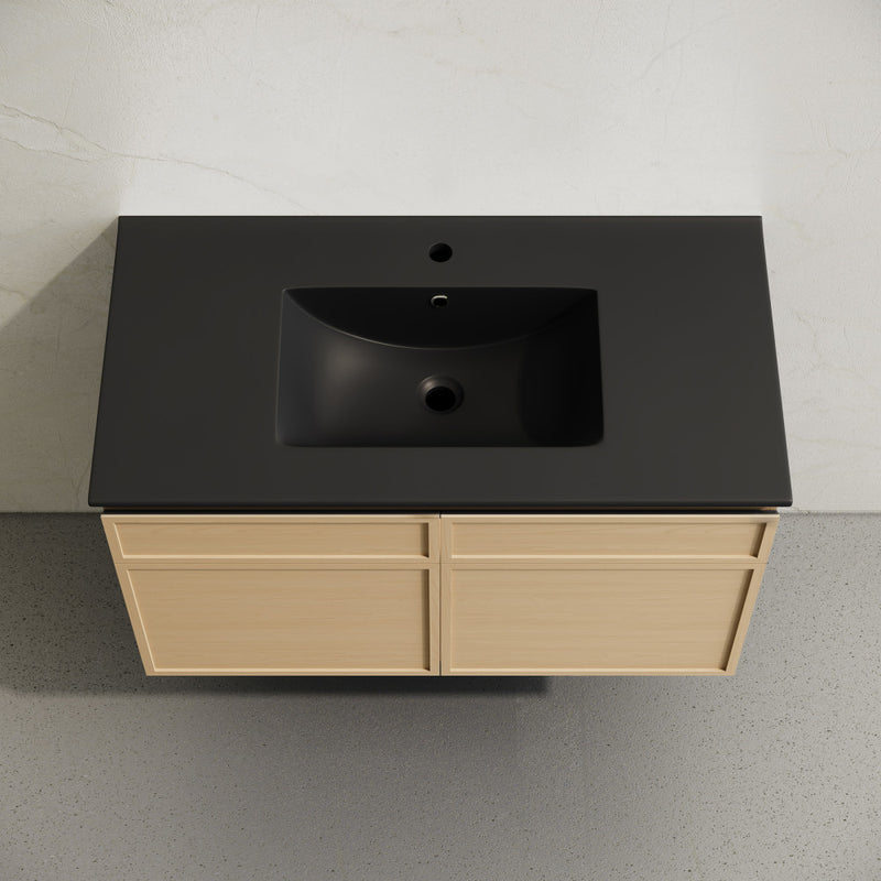 St. Tropez 36" Wall-Mounted Bathroom Vanity in Natural Oak with Black Sink Top