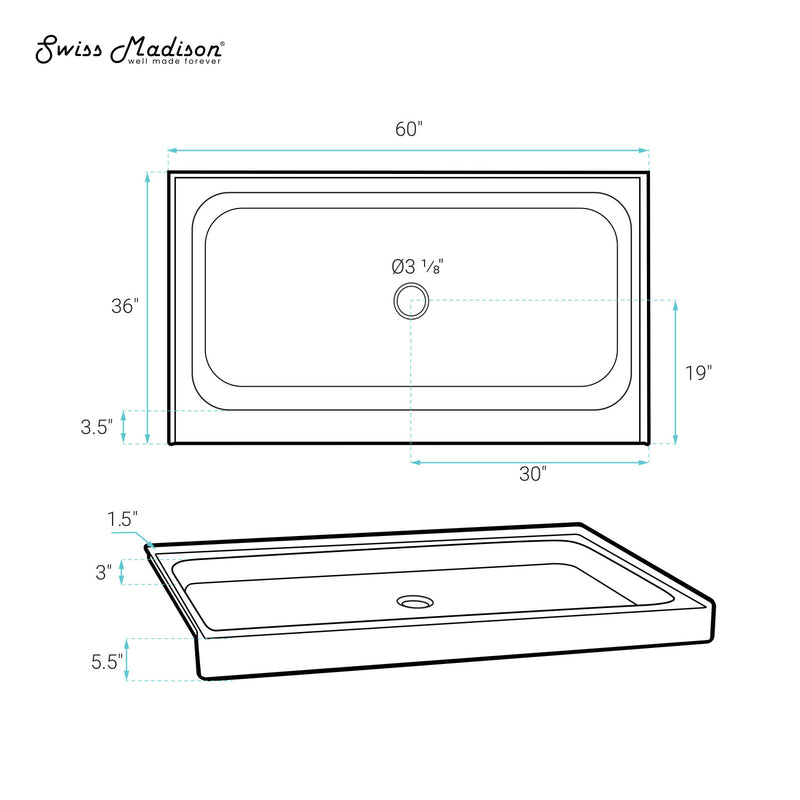 Voltaire 60" x 36" Single-Threshold, Center Drain, Shower Base in Grey