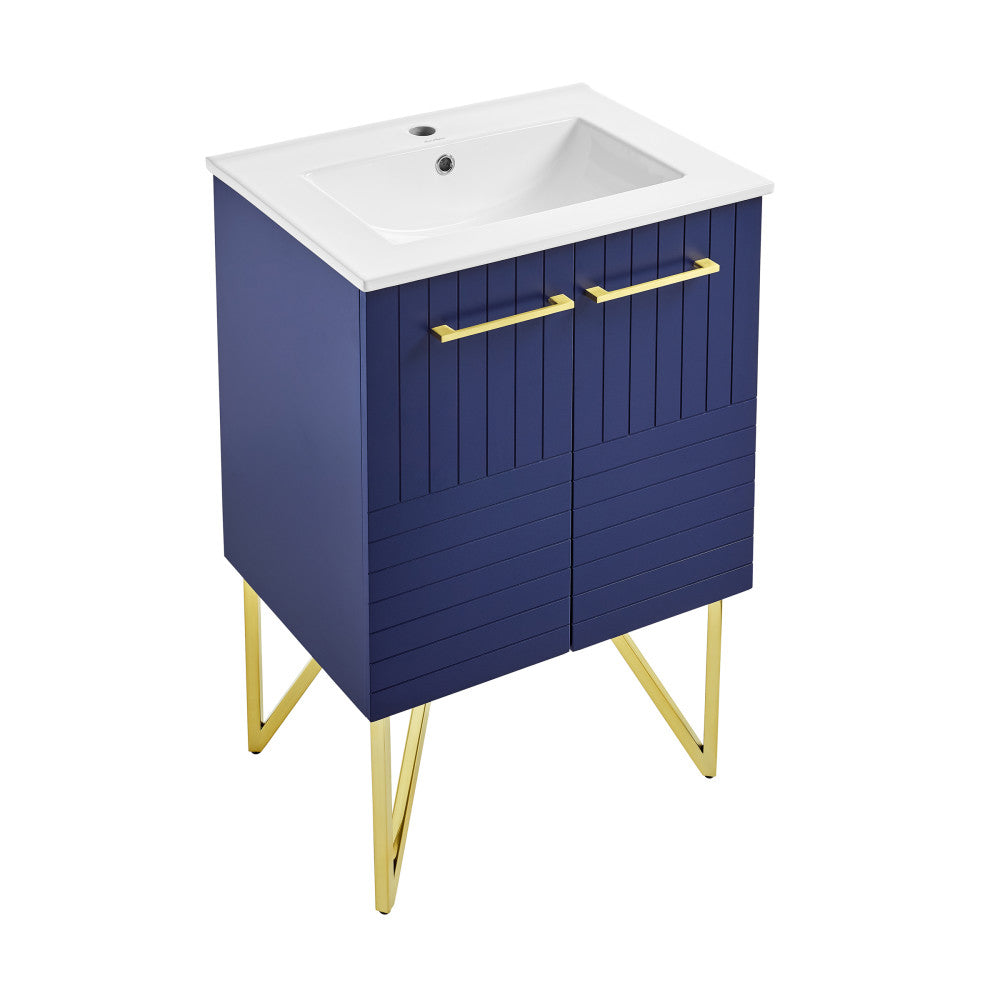 24-inch freestanding bathroom vanity in granger blue with sink top and gold-tone handles and legs.