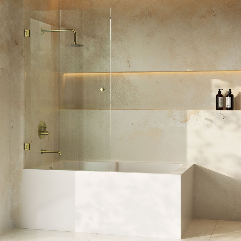 Voltaire 24 x 58 Frameless Pivot 3/8 in. (10mm) Ultra Clear Tempered Glass Tub Door with Gold Brushed Hardware