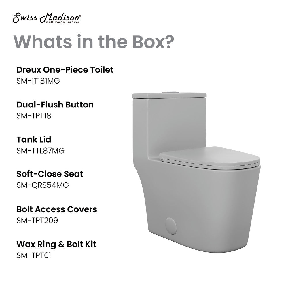 Dreux One Piece Elongated Dual Flush Toilet in Matte Gray 0.95/1.26 GPF