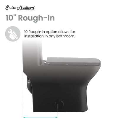 Elongated one-piece matte black toilet, dual flush, 10-inch rough-in, skirted trapway design.