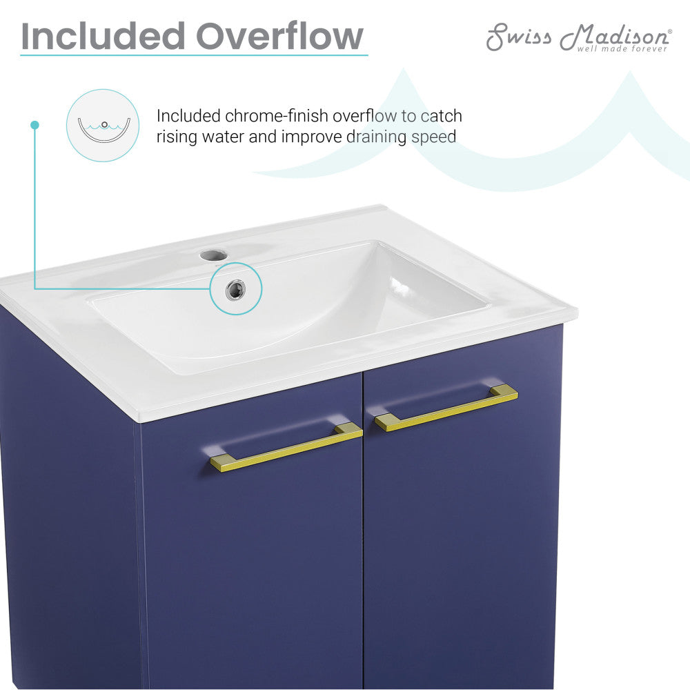 24-inch freestanding navy blue bathroom vanity with single sink and chrome handles.