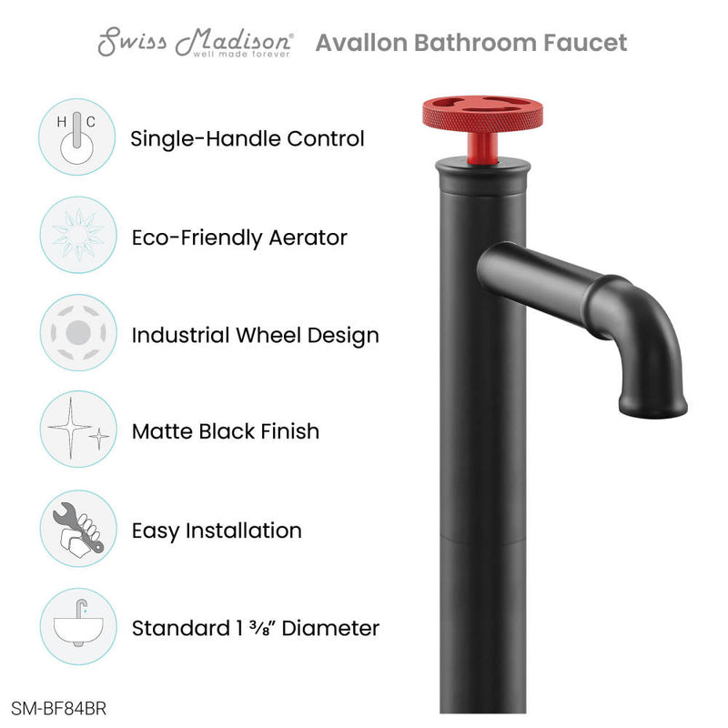 Avallon Single Hole, Single-Handle Wheel, High Arc Bathroom Faucet in Matte Black with Red Handles