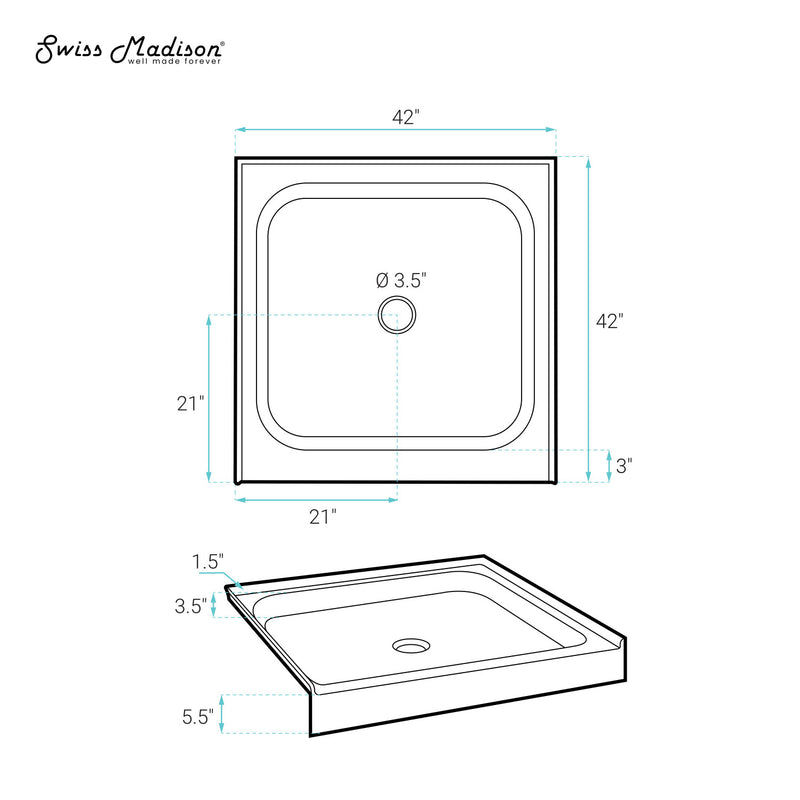 Voltaire 42" x 42" Acrylic White, Single-Threshold, Center Drain, Shower Base