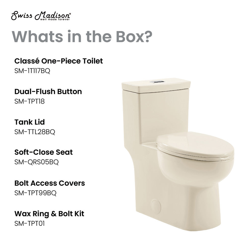 Elongated one-piece toilet in glossy bisque, dual top flush, soft-close seat.