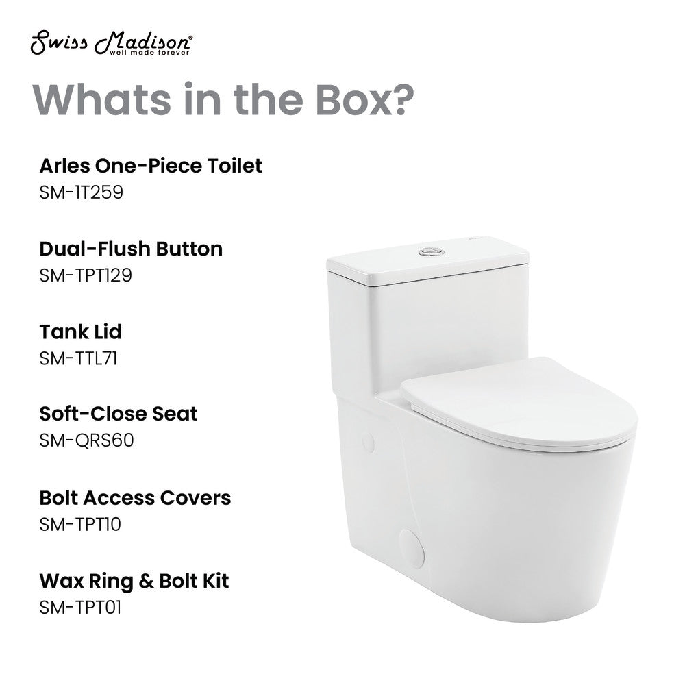 Elongated one-piece toilet, dual-flush, soft-close seat, compact design.