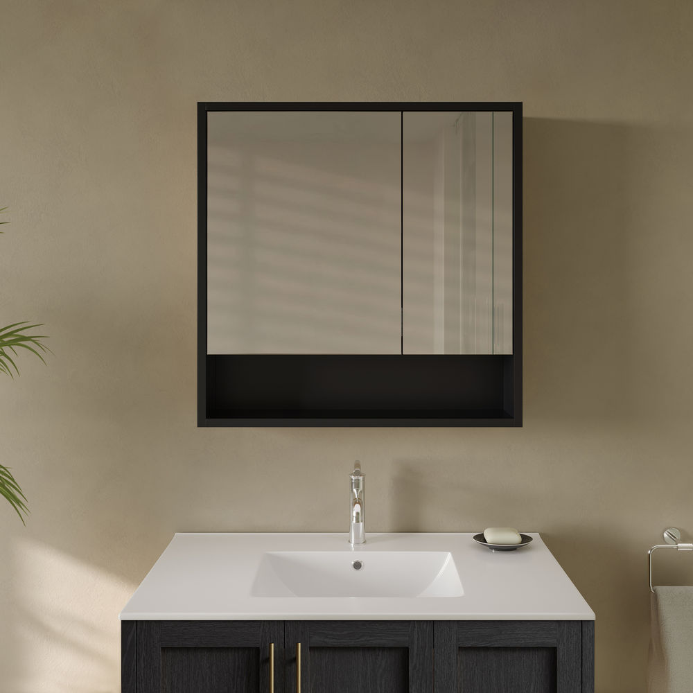 Delice 30 x 30 Rectangle Wall Mount Medicine Cabinet in Satin Black with Open Shelf