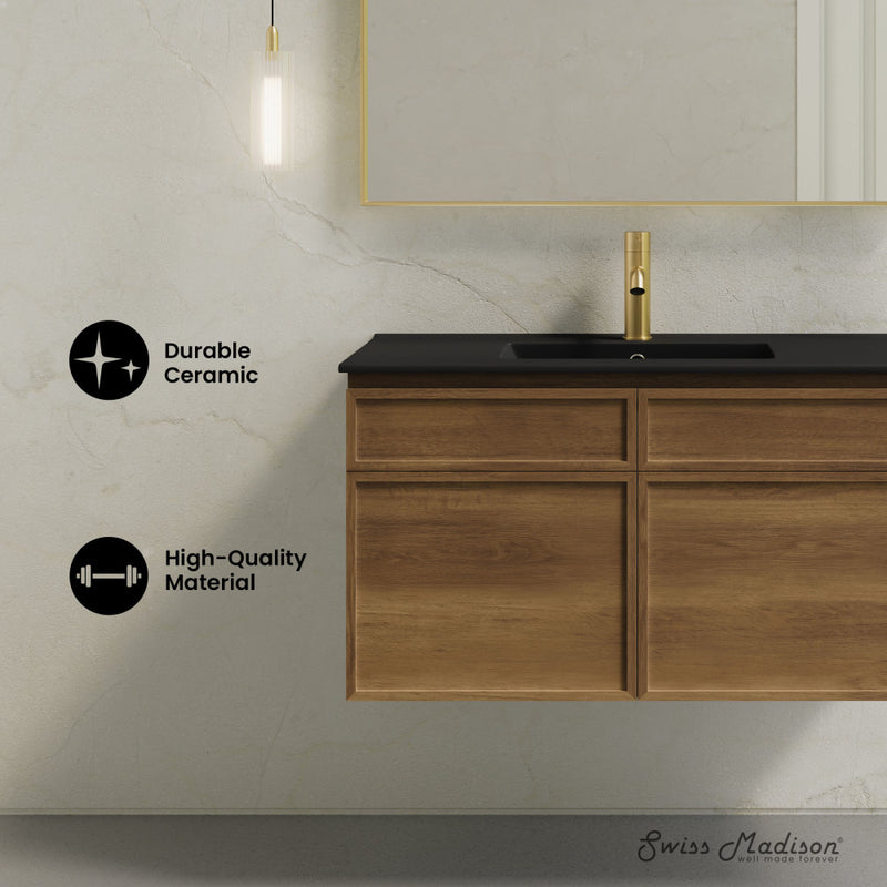 St. Tropez 36" Wall-Mounted Bathroom Vanity in Brown Oak with Black Sink Top