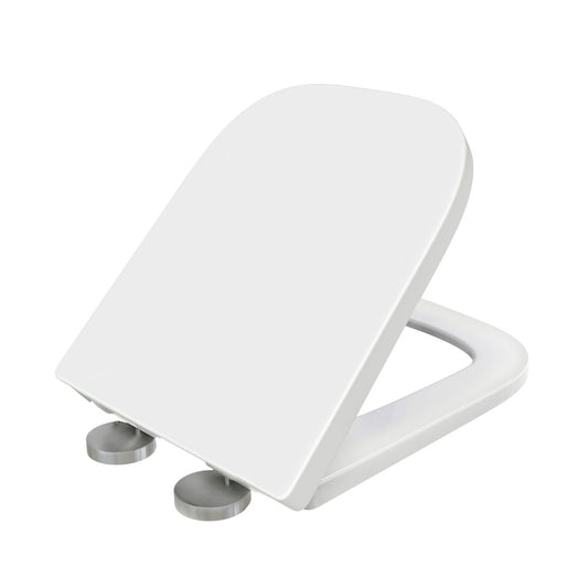 White quick release toilet seat with silver metal hinges and rounded rectangular shape.