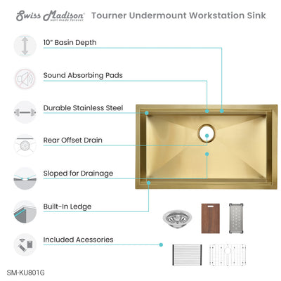 Tourner 32 x 19 Stainless Steel, Single Basin, Undermount Kitchen Workstation Sink in Gold
