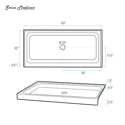 Voltaire 60" x 32" Acrylic Black, Single-Threshold, Center Drain, Shower Base