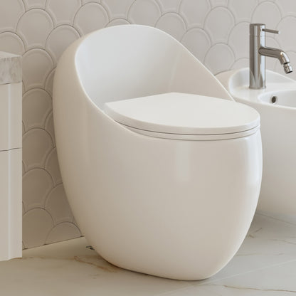 Round one-piece toilet with top flush and closed front soft-close seat in white.