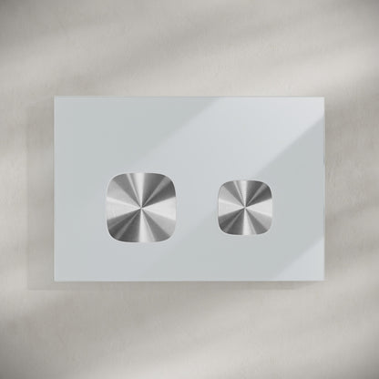 Verre Wall Mount Dual Flush Glass Actuator Plate in Glossy White with Silver Flush Buttons