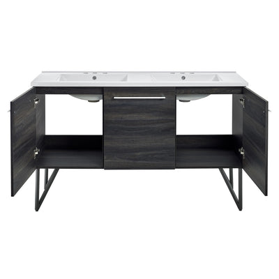 Annecy 60 in. Black Walnut, Double Basin Bathroom Vanity With White, 3-Hole Artificial Stone Sink Top