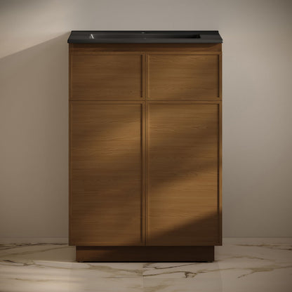 St. Tropez 24" Freestanding Bathroom Vanity in Brown Oak with Black Sink Top