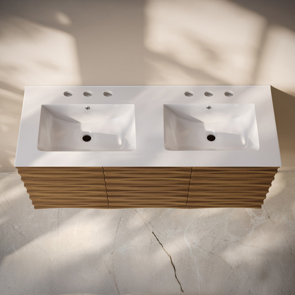 Cascade 48" Wall-Mounted Bathroom Vanity in Brown Oak with 3-Hole Widespread Double Basin Sink Top