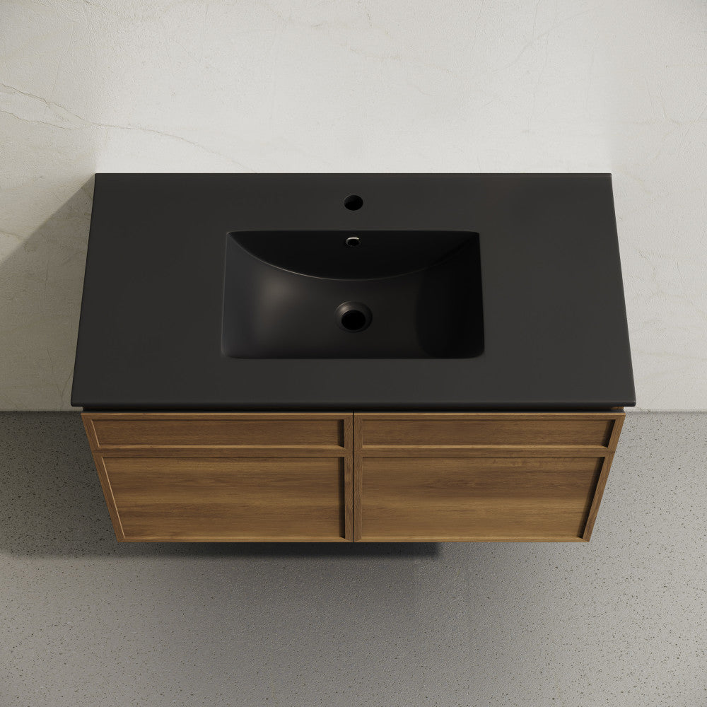 St. Tropez 36" Wall-Mounted Bathroom Vanity in Brown Oak with Black Sink Top