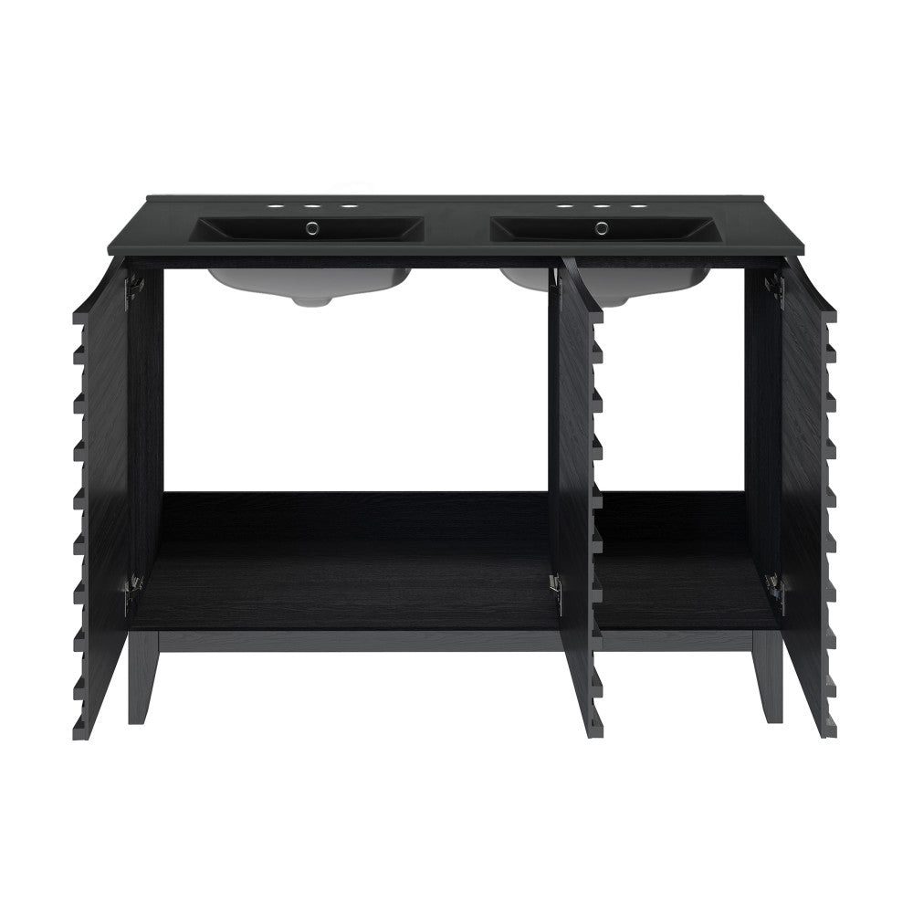 Cascade 48 in. Black Oak, Double Basin Bathroom Vanity With Black, 3-Hole Centerset Ceramic Sink Top