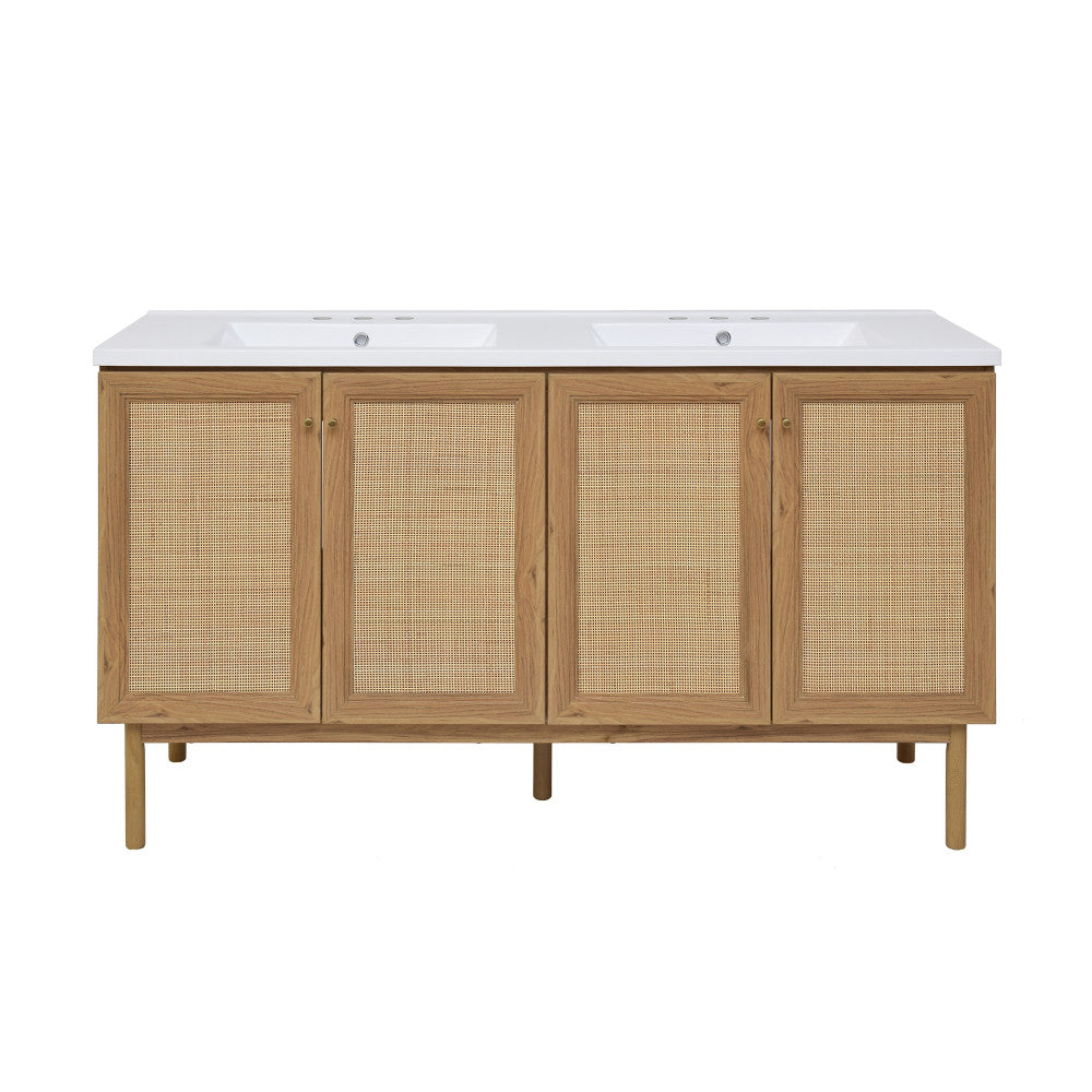 Classe 60" Freestanding Bathroom Vanity in Golden Oak with 3-Hole Widespread Double Basin Sink Top