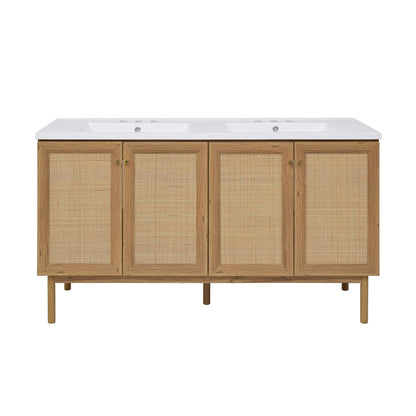 Classe 60" Freestanding Bathroom Vanity in Golden Oak with 3-Hole Widespread Double Basin Sink Top