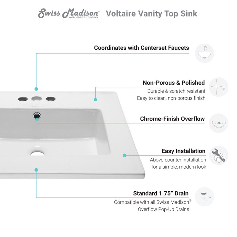 Voltaire 25 Vanity Top Sink with 4 Centerset Faucet Holes