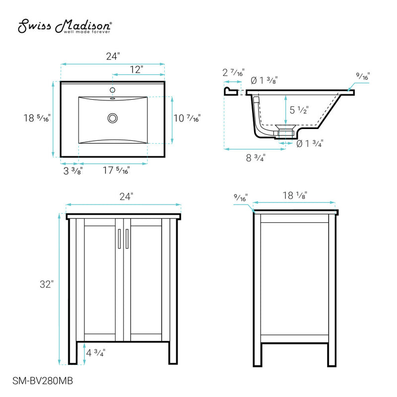 Avallon 24" Freestanding Bathroom Vanity in Black with Sink Top