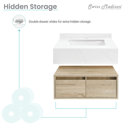 24-inch wall-mounted bathroom vanity in weathered oak with single sink and double drawer storage.