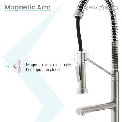 Single handle pull-down kitchen faucet with pot filler in brushed nickel finish.