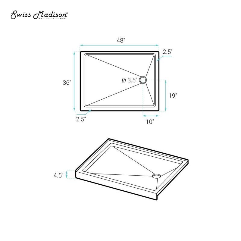 Carre 48" x 36" Acrylic White, Single-Threshold, Right Drain, Shower Base