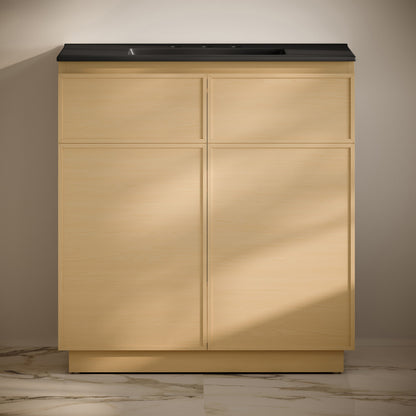 St. Tropez 36" Freestanding Bathroom Vanity in Natural Oak with Black 3-Hole Widespread Sink Top