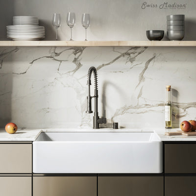 Elegance 36" x 20" Single Basin Fireclay Farmhouse Kitchen Sink in Glossy White with Stainless Steel Grid