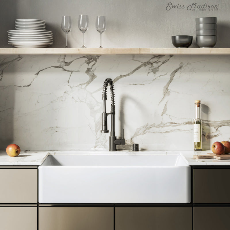 Elegance 36" x 20" Single Basin Fireclay Farmhouse Kitchen Sink in Glossy White with Stainless Steel Grid